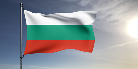 Bulgaria national flag cloth fabric waving on beautiful grey sky Background.