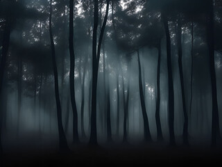 Dark mysterious forest for scary dark background. Generative ai