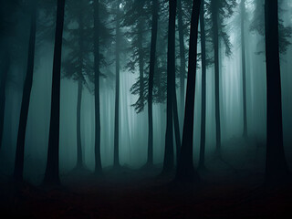 Dark mysterious forest for scary dark background. Generative ai