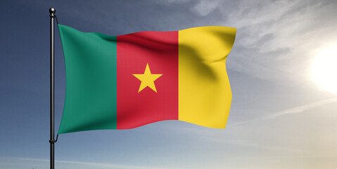 Cameroon national flag cloth fabric waving on beautiful grey sky Background.