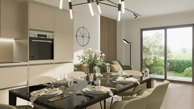 3d-render. The flight of the camera around the table in the studio apartment on the ground floor in a modern style.