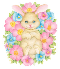 Rabbit, Watercolor cute bunny and flowers on a white background, floral postcard animal