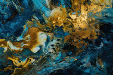 Abstract background in fluid art style. Blue and gold acrylic paint. AI generative.