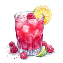 Raspberry lemonade watercolor sketch. Summer cold drink with raspberries, ice and lemon slices . Watercolor drawing. AI generated. - obrazy, fototapety, plakaty