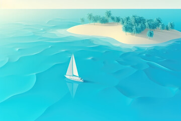Aerial view.illustration of tropical island and blue smooth sea,ocean and sailboat for Summer holiday or vacation concepts.long banner size design.generative ai technology