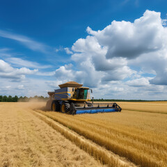 Obraz premium A large agricultural harvester pickup ready grown wheat on field under a blue cloudy sky. AI generative.