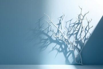 Minimalistic abstract gentle light blue background for product presentation with light and intricate shadow from tree branches on wall. 