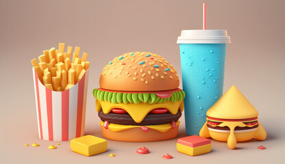 Illustration with fast food with a hamburger, potatoes and a drink on a light background. Generative AI