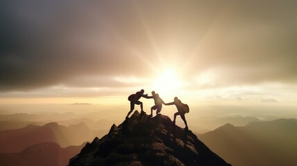 A silhouette of three men or hikers helping one another climb up to the top or peak of a mountain successfully, showcasing the power of teamwork and collaboration in achieving success.