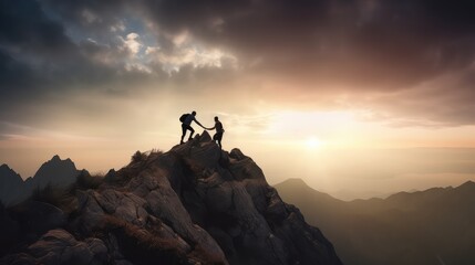 A silhouette of two men or hikers helping one another climb up to the top or peak of a mountain successfully, showcasing the power of teamwork and collaboration in achieving success.