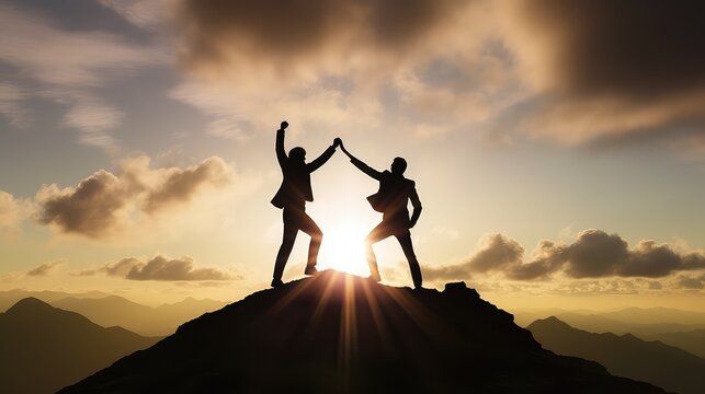 Silhouette of two businessmen standing and raise their hands together on the top of mountain with a morning sky and sunrise and enjoys the moment of success. Generative AI