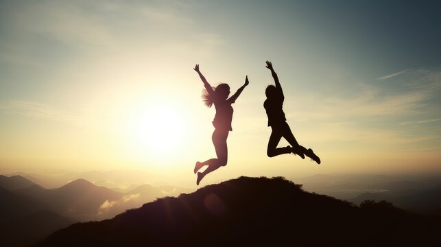 Silhouette of two women jumping and cheering together on the top of mountain with a morning sky and sunrise and enjoys the moment of success. Generative AI