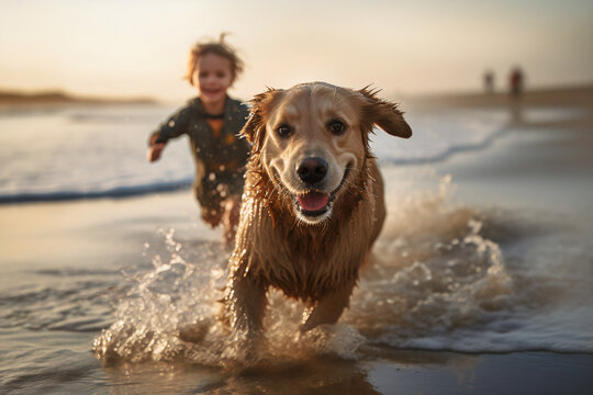 Glückliches Kind und süßer Hund laufen am Strand durchs Wasser und haben Spaß bei Sonnenuntergan