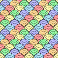 Geometric tiled seamless repetitive curvy waves pattern in rainbow pastel colors. Modern print for fabric, textiles, wrapping paper. Vector illustration