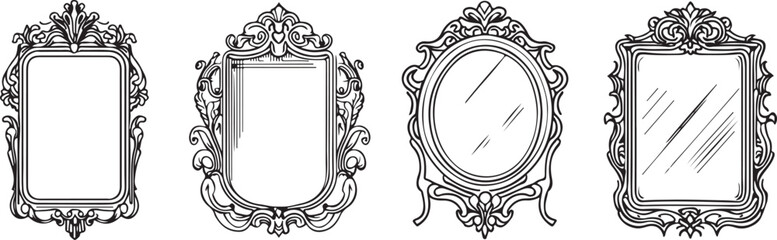 Line art Vintage mirror set on white background 
