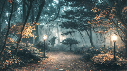 Fototapeta premium Path in the forest park illuminated by lamps during the dawn. Generative AI.