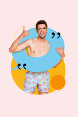 Composite illustration collage of young excited optimistic man thumb up hold lifebuoy phrase quote feedback isolated on pink background
