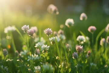 Obraz premium Wild flowers of clover and butterfly in a meadow in nature in rays of sunlight in summer in spring close-up of a macro. A picturesque colorful artistic image with a soft focus.