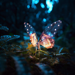 Fototapeta na wymiar Neon Light Glowing Butterfly on Flower