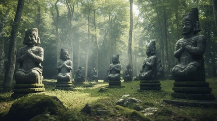 Fototapeta na wymiar Stone statues lost in the forest clearing. generative ai