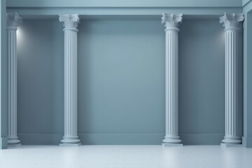 Beautiful gray-blue empty wall with columns with lateral lighting. Minimalistic background for product presentation. AI generated.