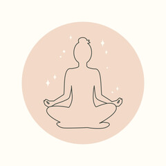 Female silhouette in lotus position. Symbol, logo, emblem, icon for web design, social media stories. Trendy minimal lineart style. Woman practices yoga asanas. Sports activities. Vector in boho style