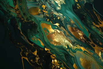 Abstract background in fluid art style. Green and gold colors. AI generative.