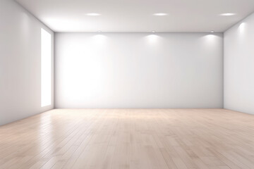 Fototapeta na wymiar Empty light interior background. White textured empty wall and wooden light floor with beautiful lighting. AI generated. 