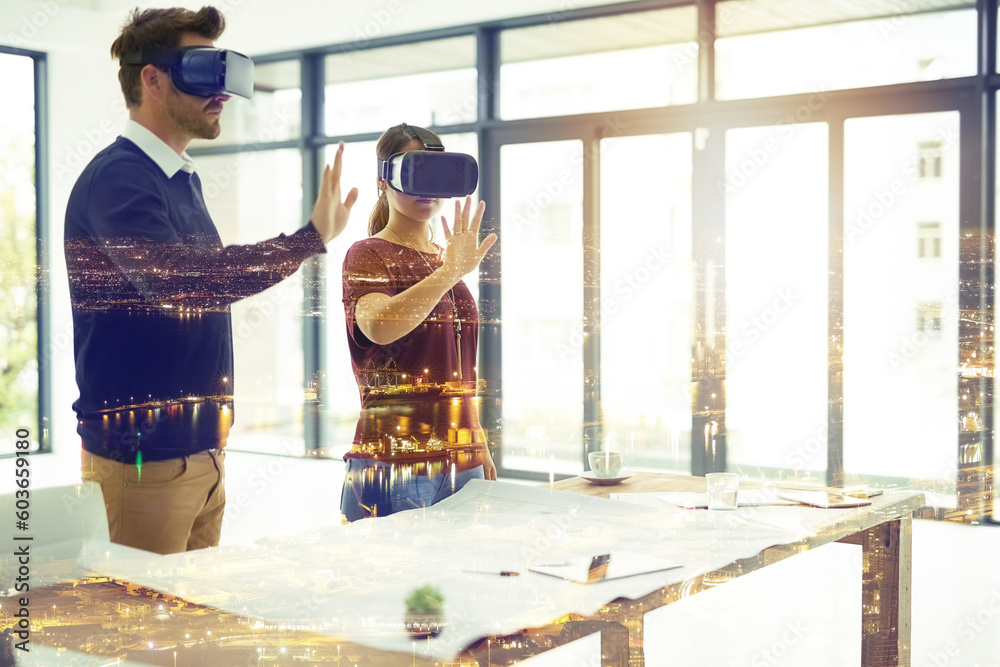 Poster overlay, virtual reality or metaverse with architect people using headset technology to access infor
