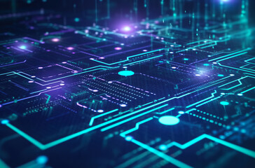Obraz premium abstract background, telecommunications tech concept with blue lights, futuristic computing wire circuits, in the style of purple and blue, Generative AI