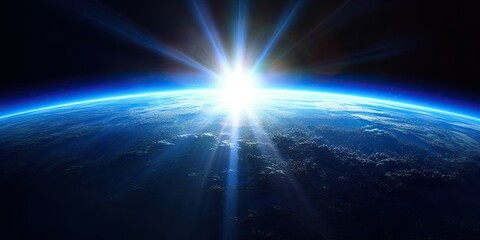 Blue Earth Sunlight in Space. Global Perspective. Generative AI illustrations.