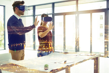 Overlay, virtual reality or metaverse with architect people using headset technology to access information. Digital, AI or 3D with a man and woman engineer in an architecture office for innovation