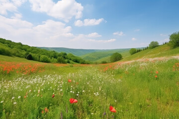 Beautiful natural spring summer landscape of a flowering meadow in a hilly area on a bright sunny day. Many flowers in a field in green grass. Small zone of sharpness