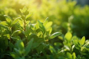 Natural background with young juicy green foliage and white buds in sunlight