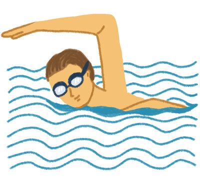 Man swimming in waves. Summer outdoor activity isolated on white background. Hand drawn pastel, crayon, oil pastel and chalk illustration
