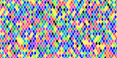 Harlequin carnival bright multicolor seamless pattern on white. Argyle fabric design. Diamond or lozenge simple background. Joker geometric vector wallpaper. Venetian rhombus ornament.