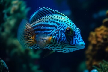 Blue fish swims in the sea. Generative AI.