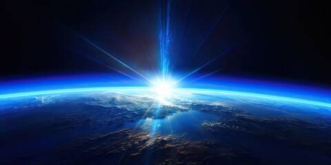 Blue Earth Sunlight in Space. Global Perspective. Generative AI illustrations.