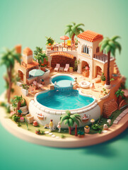 3D summer swimming pool template, beach swimming pool 3D rendering