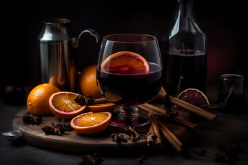 Mulled wine, spiced wine with slide of cinnamon, oranges on wooden board, generative ai
