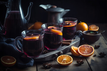 Mulled wine, spiced wine with slide of cinnamon, oranges on wooden board, generative ai