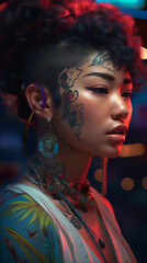 Mongolian girl rapper covered in tattoos on her face with colorful curly hair wearing hoody outfit, generative ai - obrazy, fototapety, plakaty