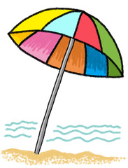 Beach umbrella isolated on white background. Hand drawn pastel, crayon, oil pastel and chalk illustration