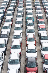 New cars parked in the port of Barcelona, Catalonia, Spain.