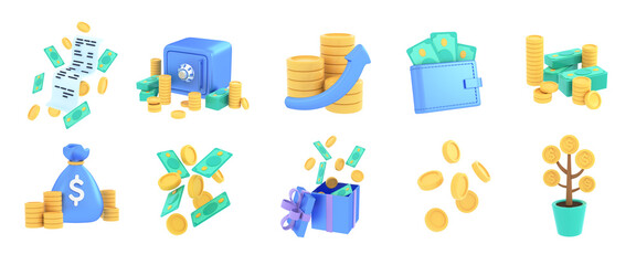 3D set of money, cash and economy icons. Saving money, Investing, managing financial income, e-commerce, business, payment, Financial success concept. 3d render illustration. © Elena Sharipova