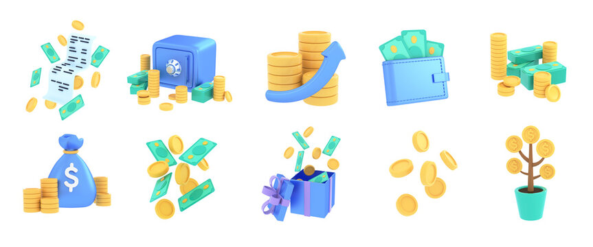 3D set of money, cash and economy icons. Saving money, Investing, managing financial income, e-commerce, business, payment, Financial success concept. 3d render illustration.