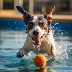Jack russell terrier swims in the pool with an orange ball.