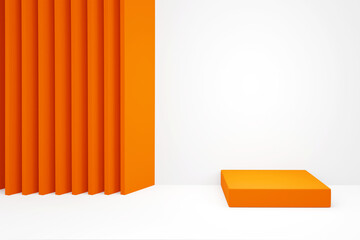Obraz premium 3D abstract geometric orange and white background. Several rectangle shapes are stacked diagonally on the background that resembles a square room. 3D render illustration.