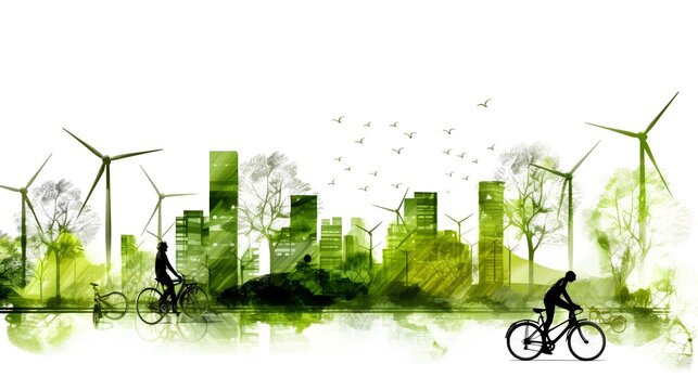 Sustainable development concept, sketch isolated on a white background. The urban buildings, park trees, cyclist, and wind turbine in the background. Generative AI