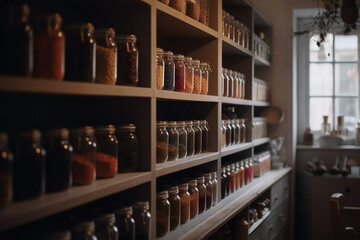 Blurred shelves filled with colorful spices and jars in a kitchen pantry Generative AI